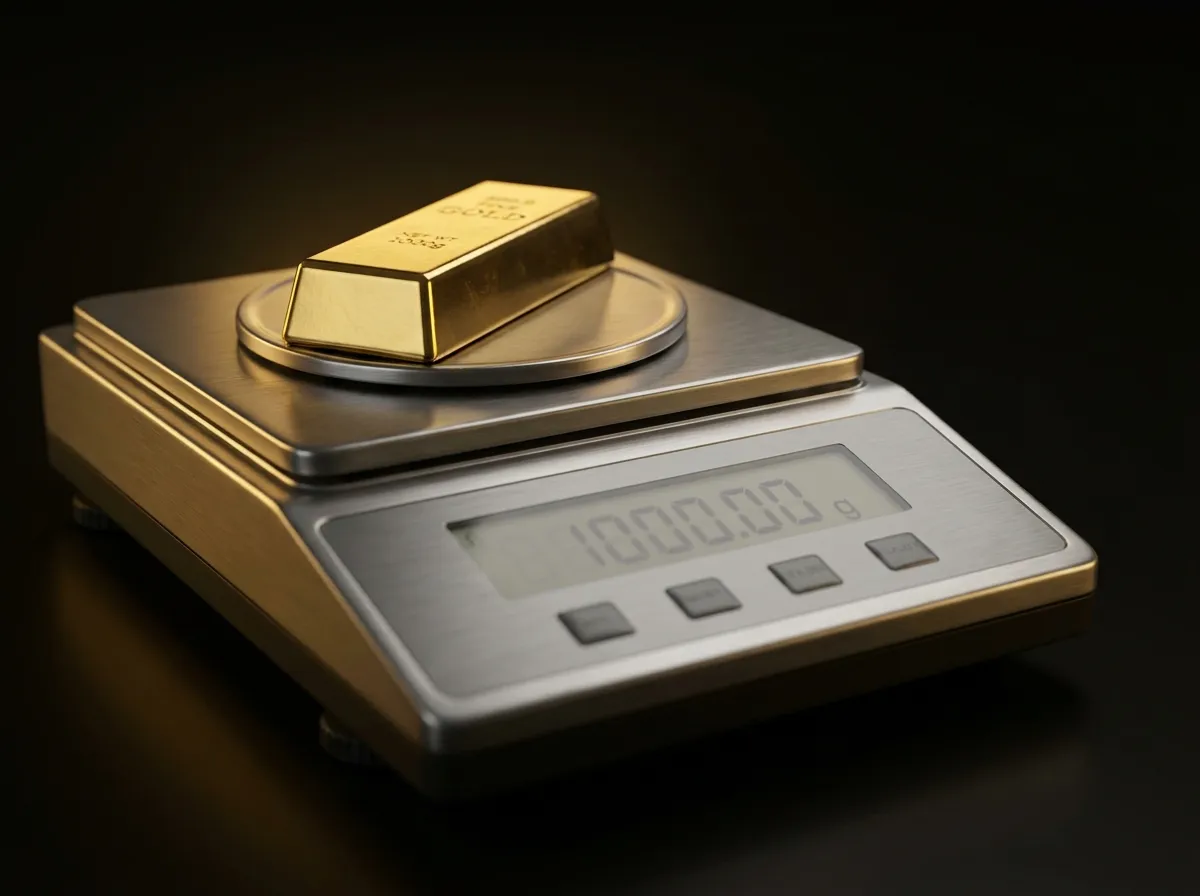 One kilogram fine gold bar on a precision balance