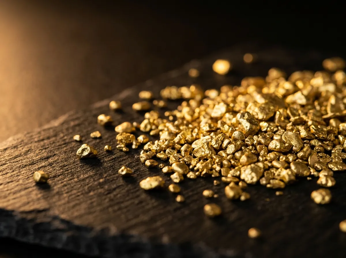Refined gold grain spilled across black slate