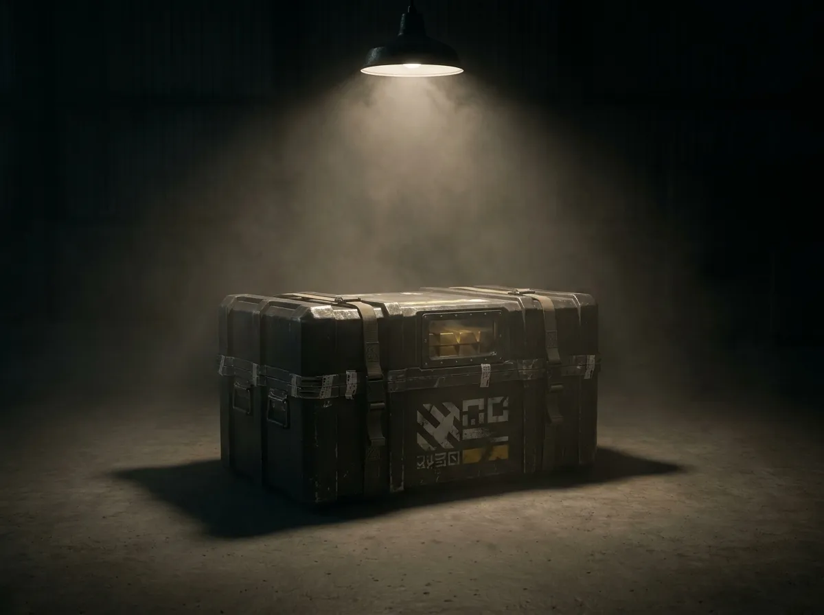 Sealed secure logistics crate under a single overhead lamp