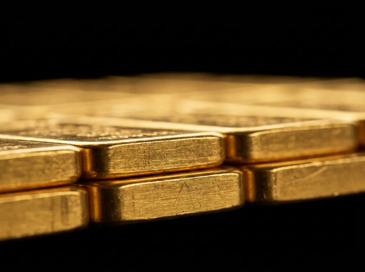 Rows of fine gold bars viewed edge on against black